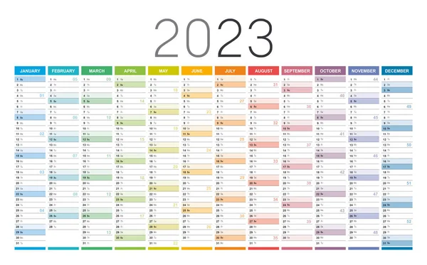 Year 2023 Colorful Wall Calendar Weeks Numbers White Background Vector — Wektor stockowy