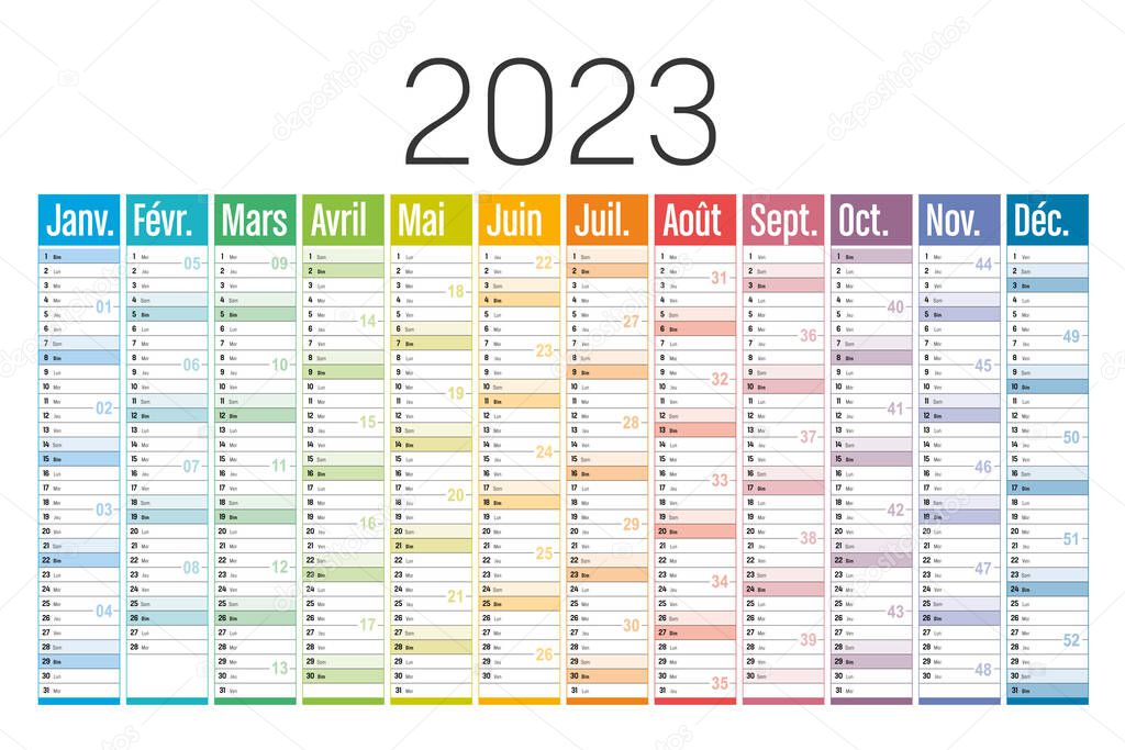 Year 2023 colorful calendar, in French language, on white background. Vector template.
