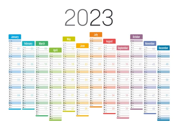 2023 Рік Один Настінний Календар Сторінки Багатокольоровий Білому Тлі Векторний — стоковий вектор