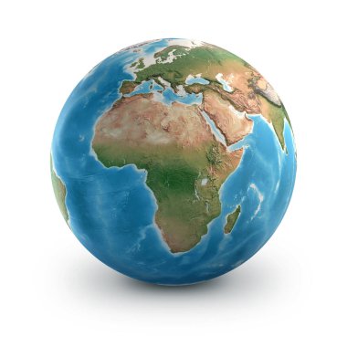 Fiziksel dünya küresi, çok detaylı, Afrika, Ortadoğu ve Avrupa 'ya odaklı. Dünya gezegeni, beyaz üzerine izole edilmiş - 3 boyutlu illüstrasyon, NASA tarafından desteklenen bu görüntünün elementleri.