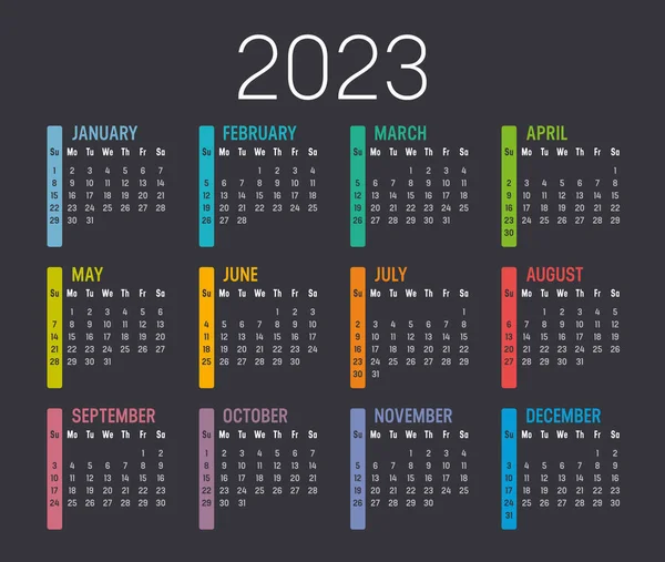 Барвистий Календар 2023 Року Ізольований Темному Тлі Векторний Шаблон — стоковий вектор