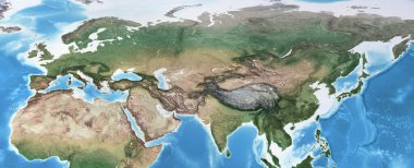 Avrasya, Avrupa ve Asya 'nın fiziksel haritası. Dünya gezegeninin düzleştirilmiş uydu görüntüsü. 3D illüstrasyon - NASA tarafından desteklenen bu görüntünün elementleri