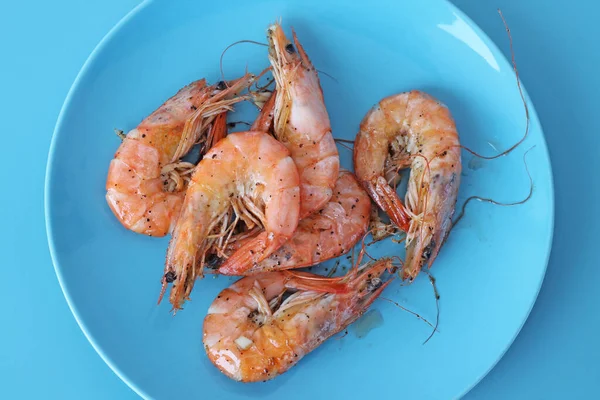 Boiled Shrimps Blue Plate Healthy Sea Food — Stock Photo, Image