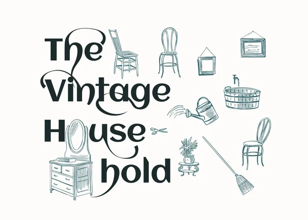 Idea Poster Vintage Household Con Una Serie Oggetti Disegnati Mano — Vettoriale Stock