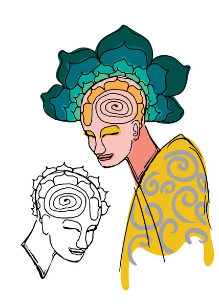 Mindfulness Retrato Psicodélico Una Mujer Versión Colorida Dibujo Contorno Blanco Ilustraciones de stock libres de derechos