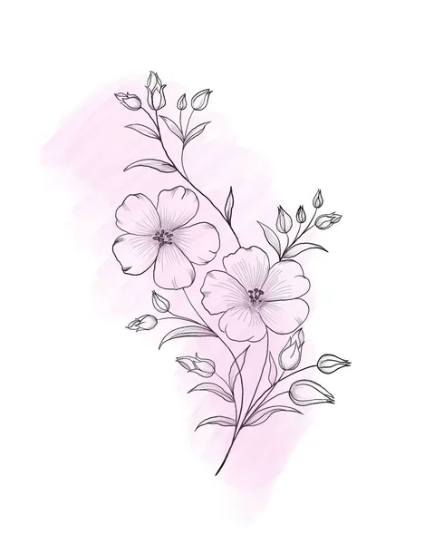 Belle esquisse d'un tatouage - une brindille délicate avec des fleurs. Fleurs Pervenche. Dessin manuel. Les grandes lignes. Sur fond blanc — Photo