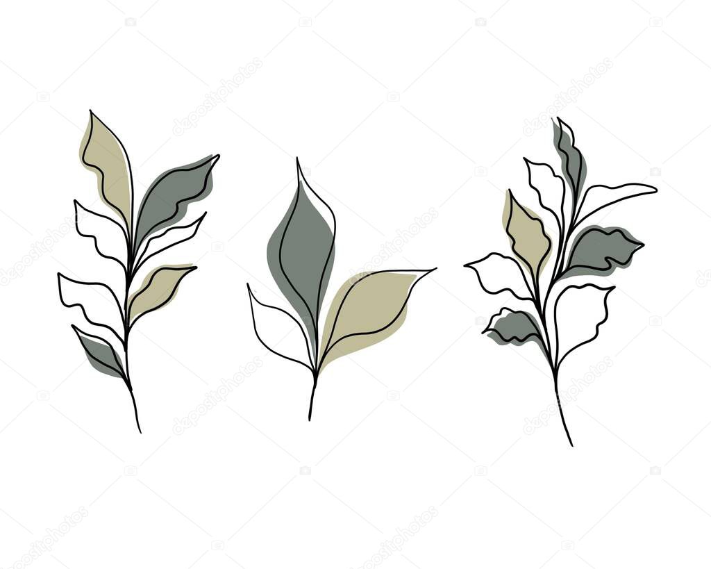 Set Line Art Plants with Geometry Colored Shapes. Modern trendy background design for print, poster, postcard, wallpaper. Botanical line art illustration. Contour drawing. Minimalism art. 