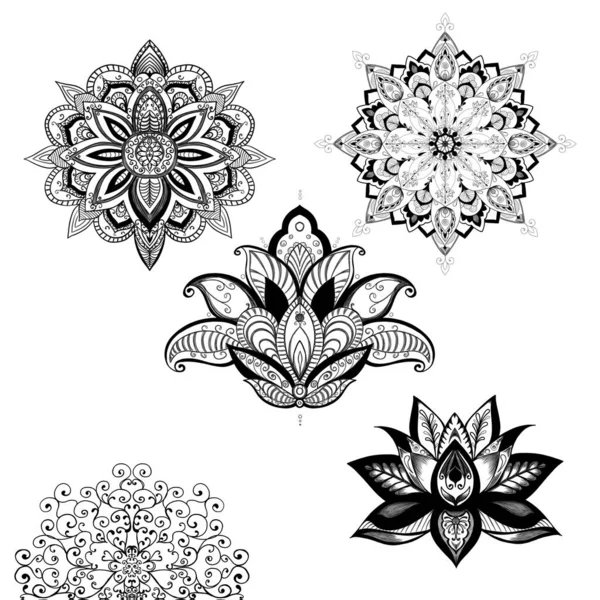 Mehndi wzór kwiat lotosu do malowania henny i tatuażu. Dekoracje w etnicznym orientalnym, indyjskim stylu. — Zdjęcie stockowe