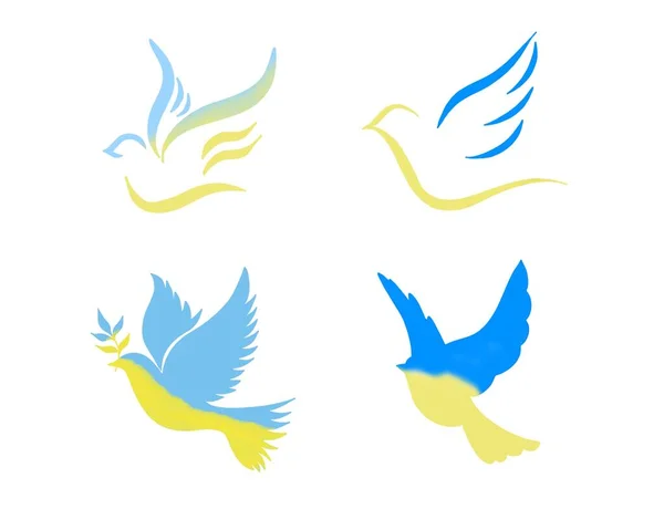 big set of Dove of peace icon. Flying bird. Blue yellow dove symbolism - Ukrainian flag. the concept of peace in Ukraine.