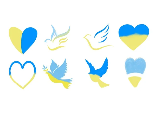 Grande conjunto de Dove de ícone de paz. Pássaro voador. Conceito de paz. simbolismo pombas amarelas - Bandeira ucraniana — Fotografia de Stock