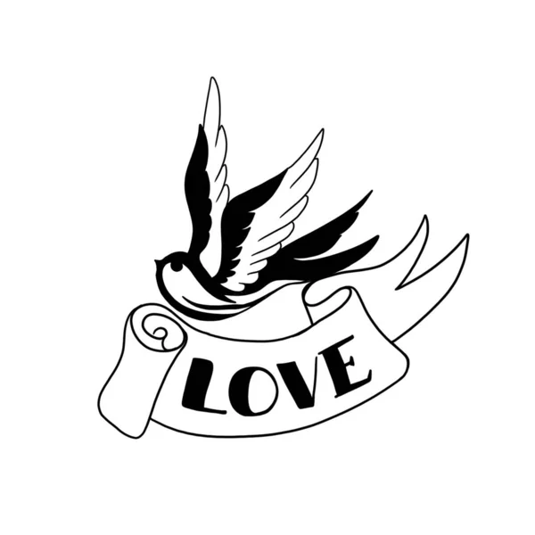 Avaler la vieille école et un ruban avec l'inscription amour. idée pour un tatouage. Modèle d'avaler sur fond blanc — Photo