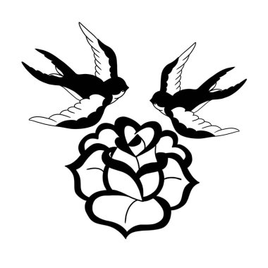 Eski bir gül dövmeli iki kırlangıç. Beyaz arka planda kırlangıç deseni. Kırlangıçların geleneksel tasarımı