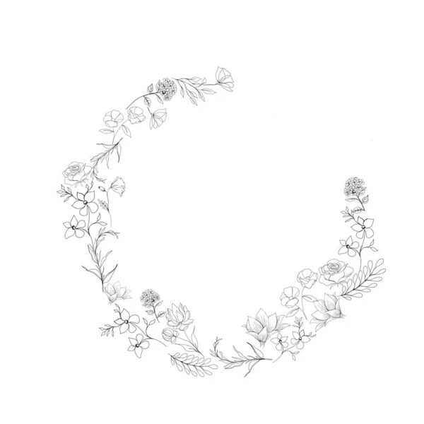 Semicircular Floral Frame Template Design Drawing Sketch Black White Line — Stock Photo, Image