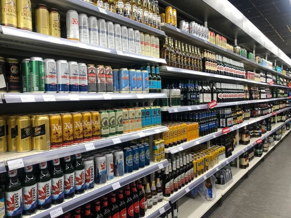 7.07.2022 Ukraine, Kharkiv, a shelf in a supermarket with canned beer 