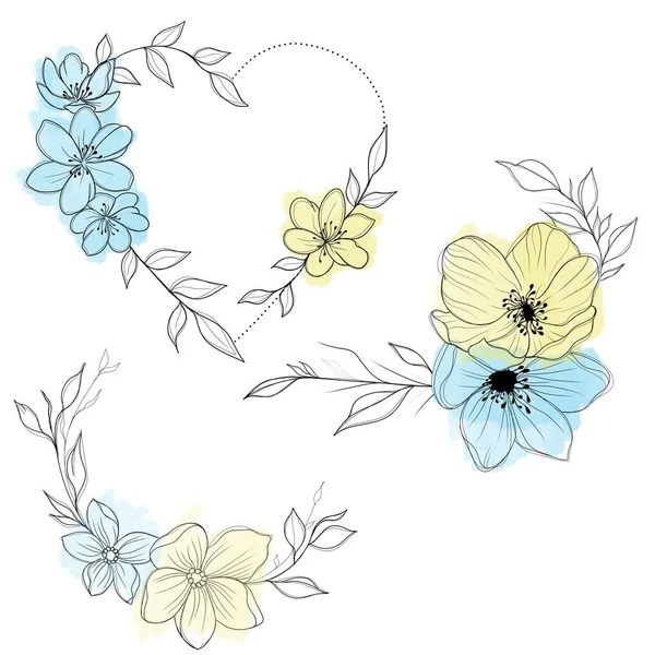 a set of sketches for a patriotic tattoo: flowers and hearts from the colors of the flag of ukraine . Flowers Periwinkle. Hand drawing.