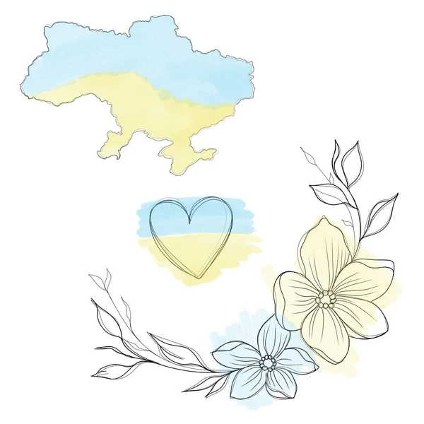 Set Sketches Patriotic Tattoo Flowers Hearts Colors Flag Ukraine Flowers — Zdjęcie stockowe