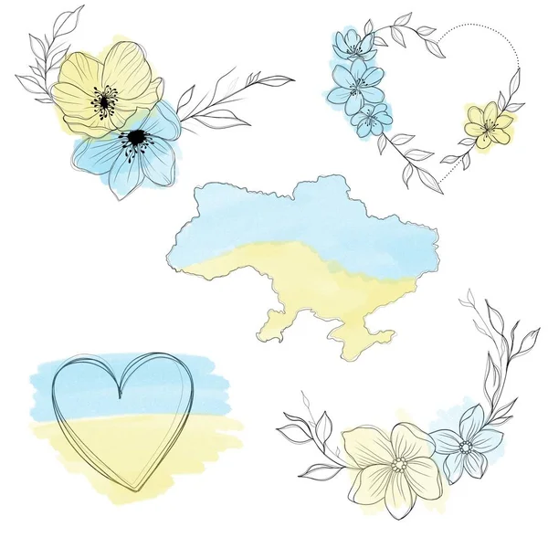 a set of sketches for a patriotic tattoo: flowers and hearts from the colors of the flag of ukraine . Flowers Periwinkle. Hand drawing.