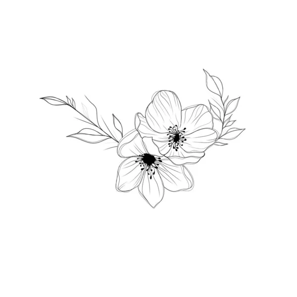 Flowers Periwinkle. Hand drawing. Outline. On a white background. Beautiful sketch of a tattoo - a delicate twig with flowers. botany design element