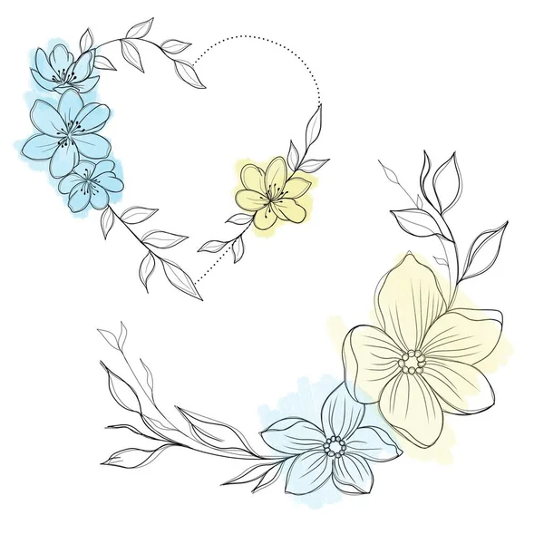 a set of sketches for a patriotic tattoo: flowers and hearts from the colors of the flag of ukraine . Flowers Periwinkle. Hand drawing. botany design element