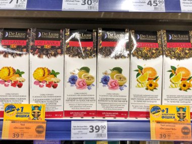 20.07.2022 Ukraine, Kharkiv, a shelf in a supermarket with tea. High quality photo