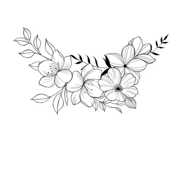 Flowers Periwinkle. Hand drawing. Outline. On a white background. Beautiful sketch of a tattoo - a delicate twig with flowers. botany design element