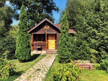 Ormandaki ağaç evi. Ormandaki ağaç evi. Ağaçların arasında ahşap ev. 
