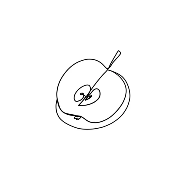 Apple continuous line drawing, Black and white minimalistic linear illustration made of one line. Half a ripe apple