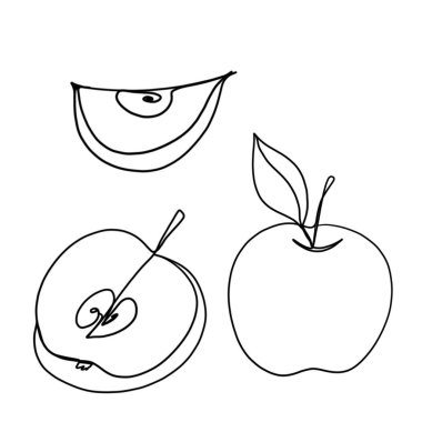 Apple continuous line drawing, Black and white minimalistic linear illustration made of one line. whole apple and half apple
