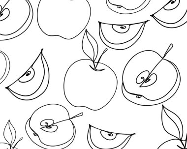 Seamless pattern apples .Apple continuous line drawing, Black and white minimalistic linear illustration made of one line. whole apple and half apple