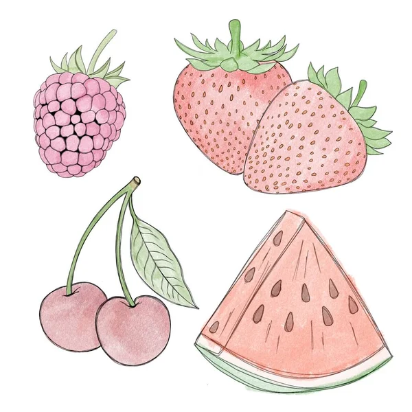 Large Set Freehand Watercolor Fruits Sprig Cherries Ripe Sweet Strawberries — Stok fotoğraf