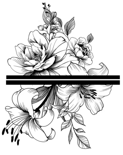 Hand drawn flowers , line-art on white background. idea for a beautiful flower tattoo. flower bouquet and geometry