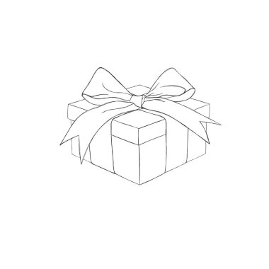 Kurdele ikonlu hediye kutusu. Beyaz arka planda modaya uygun düz tasarım tarzı. İşaret, doğrusal resim beyaz üzerine izole edilmiş. Sembol, logo illüstrasyonu. 