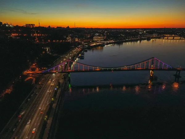 Bridge. Pedestrian bridge at night. Kiev. Ukraine. Aerial view.