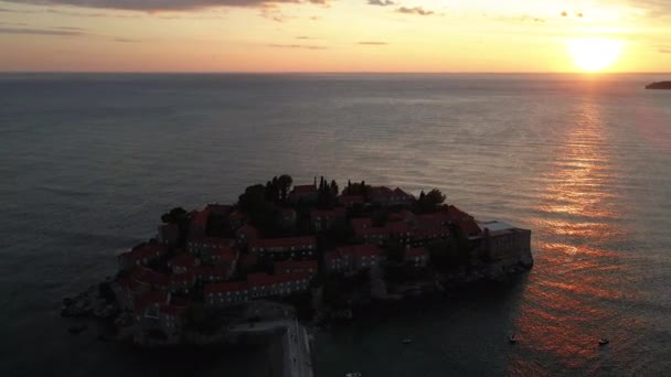 Travel City Sveti Stefan Sunset Time Montenegro Aerial View — Stock Video