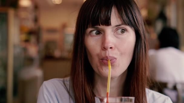 Tomato Juice Woman Drinks Tomato Juice Straw — Stock Video