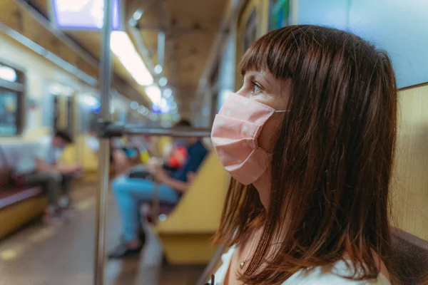 Epidemic Woman Protective Mask Rides Subway Car — Stock Photo, Image
