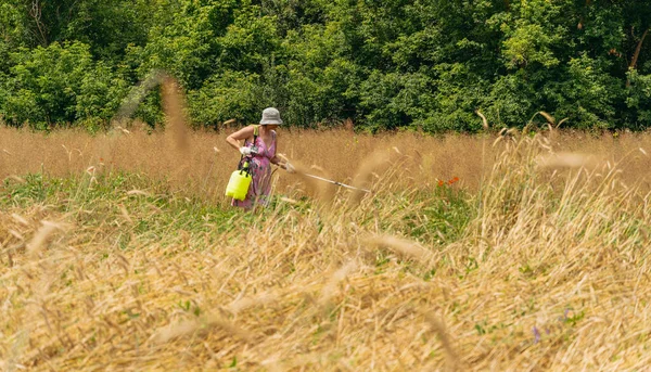 Agricultura Uma Mulher Pulveriza Campo Com Pesticidas — Fotografia de Stock