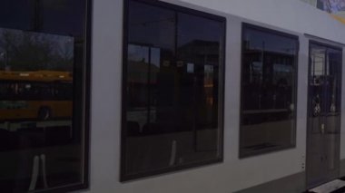 Railway transport. The train is on the platform.