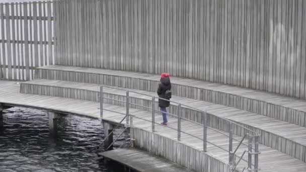 Travel Woman Walks Wooden Structure Denmark — Videoclip de stoc