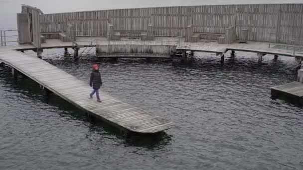 Ταξίδι Μια Γυναίκα Περπατά Κατά Μήκος Μιας Ξύλινης Δομής Δανία — Αρχείο Βίντεο