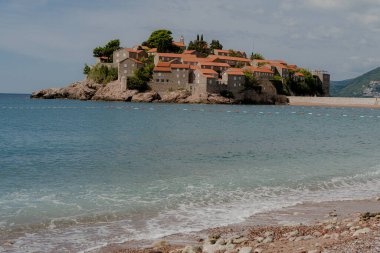 Travel. The city of Sveti Stefan. Montenegro. Aerial view.