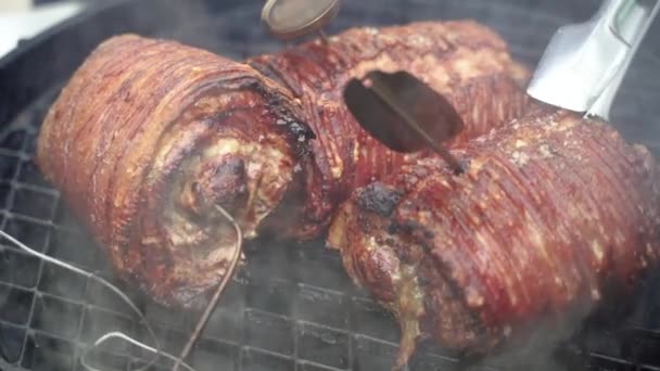 Eten Gegrild Vlees Barbecue Close — Stockvideo