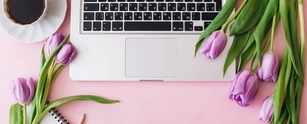 Banner fez espaço de trabalho com laptop, flores de tulipa, xícara de café no fundo rosa. Escritório de casa. Flat lay, vista superior, espaço de cópia para texto. Conceito Primavera. — Fotografia de Stock