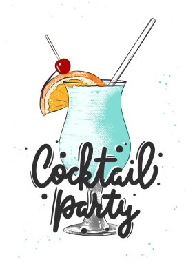 Posterler, dekorasyon ve menü için oymalı Blue Hawaiian alkollü kokteyl çizimi. El yapımı içecek ya da üzerinde harf olan içecek skeci, Kokteyl Partisi. Ayrıntılı renkli çizim.