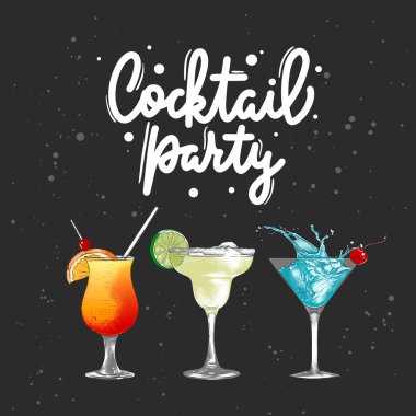Posterler, dekorasyon ve menü için işlenmiş alkollü kokteyller. El yapımı içecek ya da üzerinde harf olan içecek skeci, Kokteyl Partisi. Ayrıntılı renkli çizim.