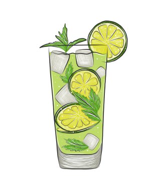 Posterler, menü, dekorasyon, logo, duvar resimleri için oymalı bir tasvir. Mojito 'nun alkollü kokteyl skecinin el çizimi. Ayrıntılı vintage ahşap kesim, oyma düz stil izole 