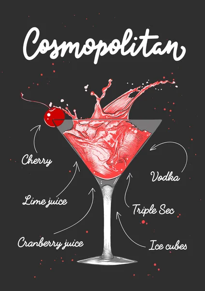 Векторно Гравированный Стиль Cosmopolitan Cocktail Illustration Posters Decoration Logo Print — стоковый вектор