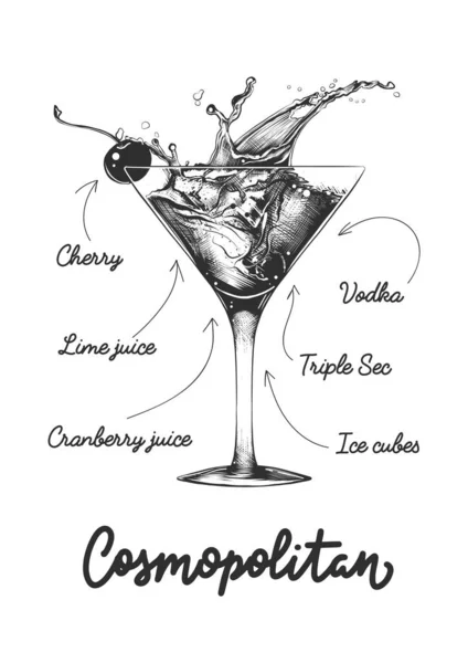 Grawerowany Styl Wektorowy Cosmopolitan Cocktail Ilustracja Plakatów Dekoracji Menu Sztuki — Wektor stockowy