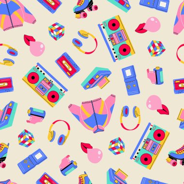 Modern tarz düz çizgi stilinde klasik 80 'ler-90' lar elementleri. El çizimi vektör çizimi: ceket, küp, dudaklar, kulaklıklar, paten, kaset, kayıt cihazı, kamera kaydı. Moda kusursuz desen