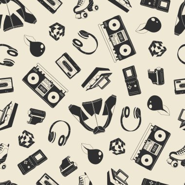 Modern tarz düz çizgi stilinde klasik 80 'ler-90' lar elementleri. El çizimi vektör çizimi: ceket, küp, dudaklar, kulaklıklar, paten, kaset, kayıt cihazı, kamera kaydı. Moda kusursuz desen
